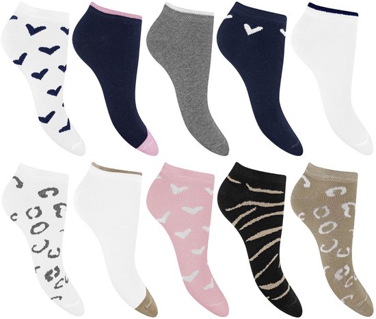 Pierre Cardin Chaussettes Basses pour Femmes - 10 Paires - Chaussettes Courtes - Chaussettes Basses - Chaussettes de Sneakers - Print Panthère - Print Zebra - Print Animalier - Hartjes - Taille 35-41