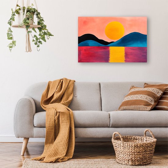 Montagnes colorées et coucher de soleil - Peinture coucher de soleil sur toile - Soleil sur toile - Art abstrait - Décoration murale murale champêtre - Peintures et posters - Toile 150x100 cm