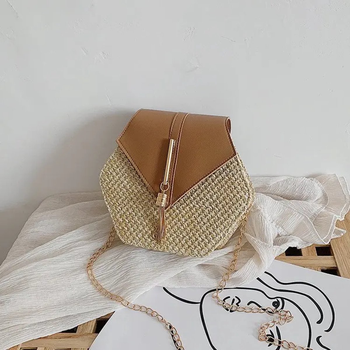 Without Lemon - Rietenstijl Dames Tas - Hexagon Tas - PU - Licht - Vakantie - Reizen - Casual - Zomer - 20x19x6.5cm - Bruin