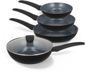 BE Living Pannenset 4–delig – Ø 20, 24 & 28 cm Koekenpan + Ø 28 cm Wokpan met Deksel – Koekenpannenset – Keramisch – Inductie – PFAS Vrij Anti Aanbak – Delight Series