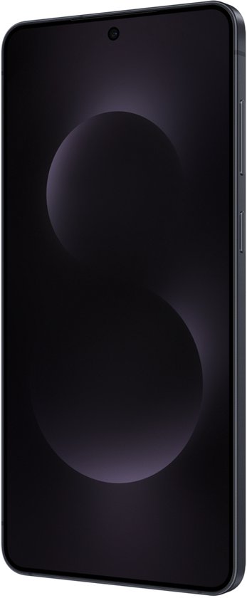 Zijkant van een zwarte Samsung telefoon met een S-vormige wallpaper.
