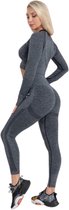 Mives® Sportlegging en Top - Yoga - Fitness set - Scrunch Butt - Dames Legging - Sportkleding - Fashion legging - Sport Broeken - Gym Sports - Legging Fitness Wear - High Waist - GRIJS - maat M - LANGE MOUW