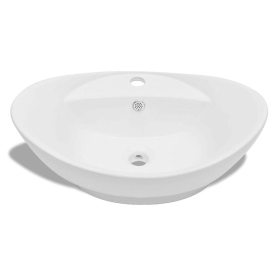 Lavabo ovale en céramique blanc avec trop-plein et trou de robinetterie.
