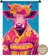 Wandkleed 60x90 cm - Wanddoek Koe - Bloemenkrans - Oorhangers - Kimono - Wandtapijt - Wandkleden