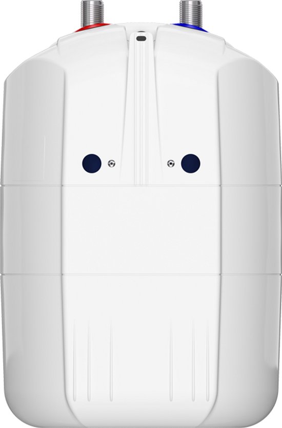 Witte Eldom boiler met een ronde vorm, met twee aansluitingen aan de bovenzijde.