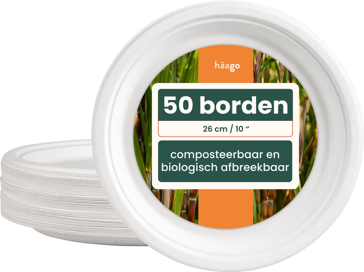 Haago – 50 Kartonnen Suikerriet Bordjes, Ø 26cm – Magnetronbestendig – Biologisch Afbreekbaar & Milieuvriendelijk – Voor Picknicks, Buffetten & BBQ