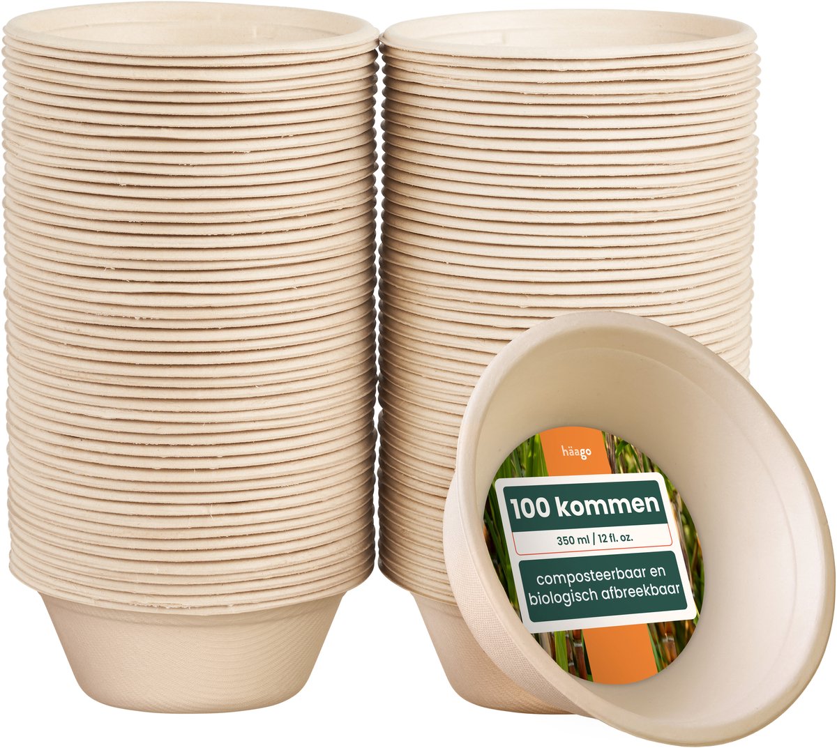 HAAGO 100 Wegwerp Suikerriet Bagasse Kommen, Feest Schaaltjes (350ml) - Soepkommen - Sterk, Biologisch Afbreekbaar & Thuis Composteerbaar voor Warm & Koud Eten