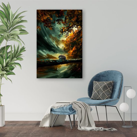 Hérisson dans une forêt d'automne enchanteresse - Peintures sur toile Hérisson - Peinture sur toile forêt - Surréaliste - Peinture moderne - Décoration murale chambre - toile 60x90 cm
