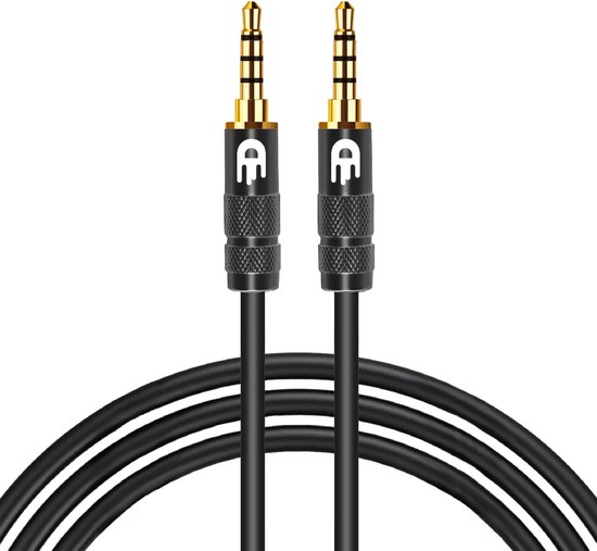 Câble audio noir 3.5mm avec deux fiches jack mâles plaquées or, chacune avec le logo DRIVV..