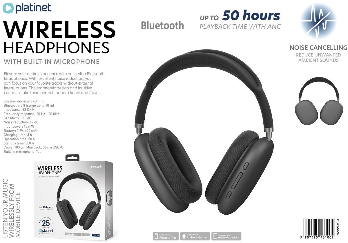 Platinet Bluetooth Hoofdtelefoon met ANC - Draadloos - 50 - afbeelding 3
