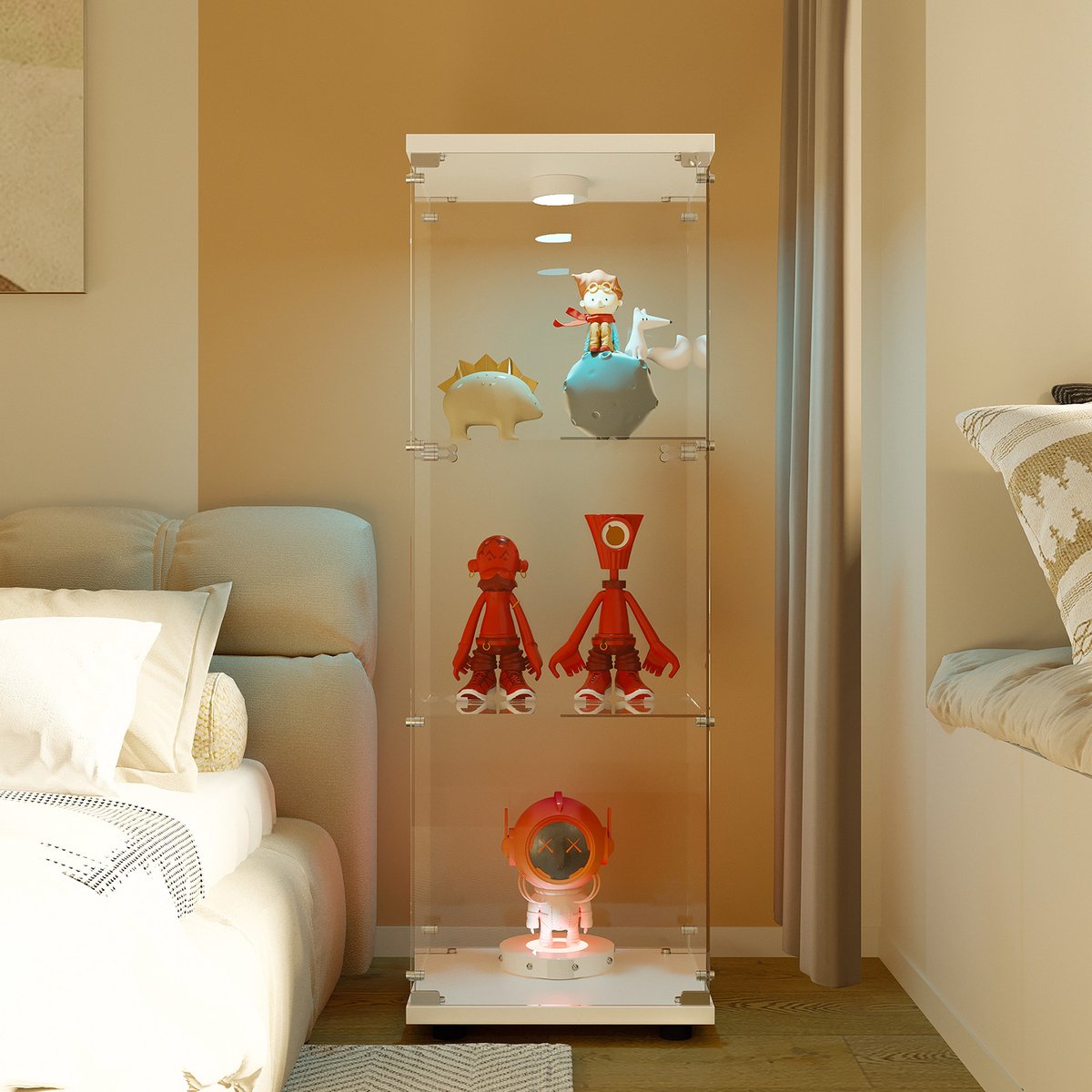 Glazen vitrinekast met LED, Moderne vitrinekast met 3 legborden van ESG-glas, Collection Vitrinekast voor Bar, Woonkamer, 125 x 42 x 36 cm, Wit