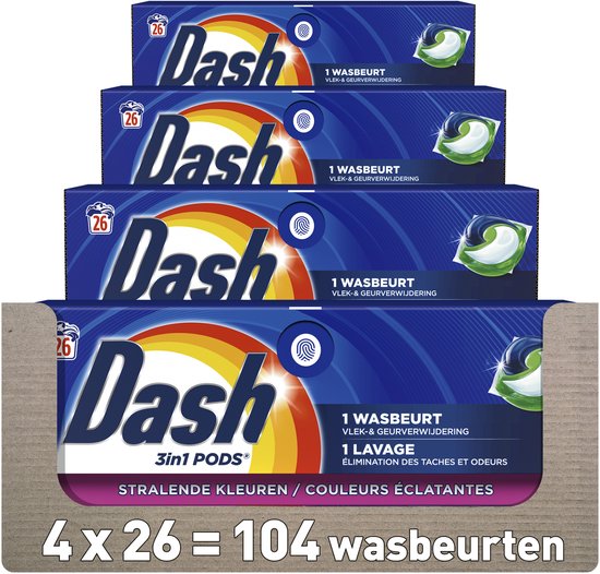 Dosettes de lessive Dash 3 en 1 - Couleurs vives - 4 x 26 lavages