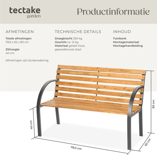 tectake® 2-zits Tuinbank Michaela - Weerbestendig - 119,5 x 62 x 83 cm - Tuin Bank van Hout in Landhuisstijl - Romantische Balkonbank - Houten Tuinbanken - Tuinbankjes
