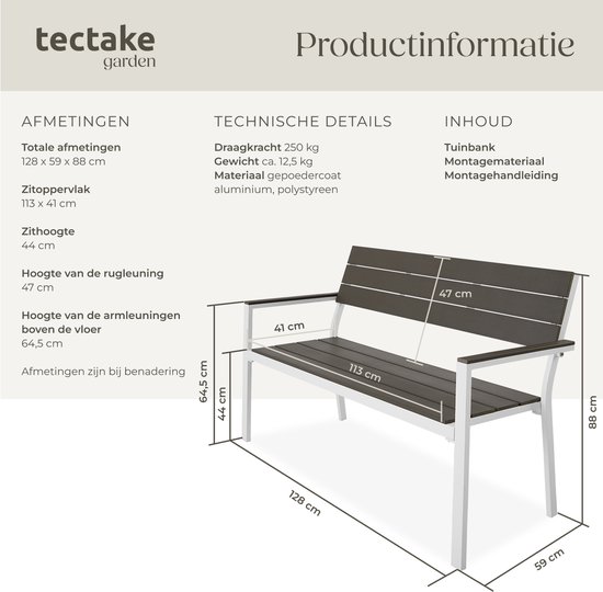 Afmetingen van een donkerbruine tuinbank met witte poten en armleuningen.
