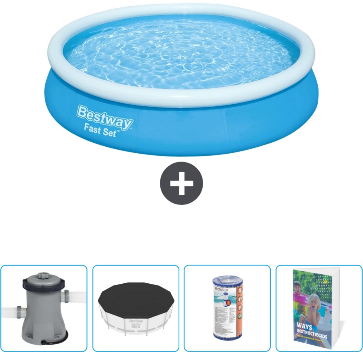 Bestway Rond Opblaasbaar Fast Set Zwembad - 366 x 76 cm - Blauw - Inclusief Pomp Afdekzeil - Filter - Zwembadgids