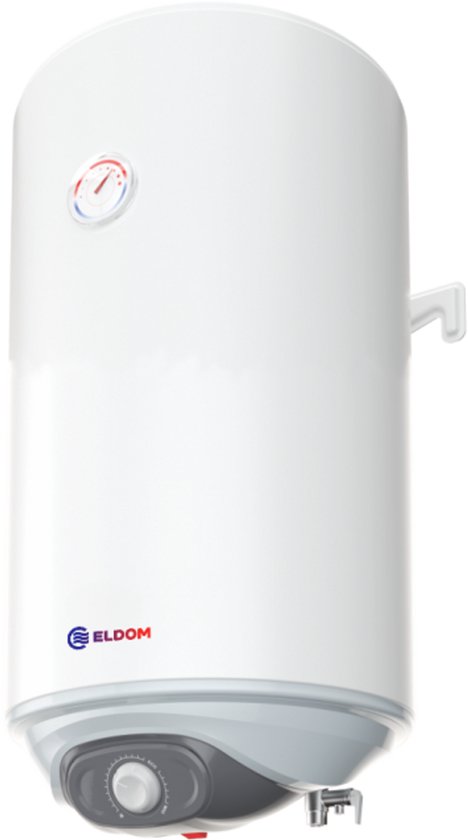 Witte ELDOM boiler met analoge thermostaat en grijze accenten.