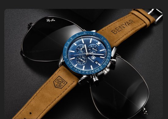 Montre homme - Chronographe - Bracelet cuir - Acier inoxydable - Blauw