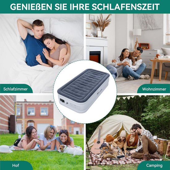 Zelfopblazend luchtbed met geïntegreerde elektrische pomp - Opblaasbaar matras voor logeerkamer camping wit/blauwgrijs met opbergtas en reparatiepleisters — afbeelding 4