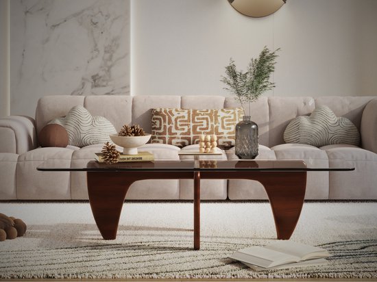 Salontafel Walnoot Hout - Glas - Design Tafel - Coffee table - Koffietafel