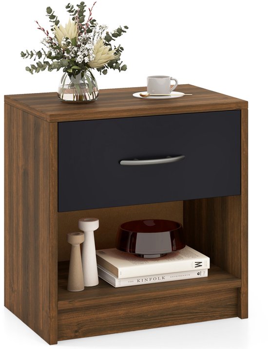 COSTWAY Nachtkastje met lade, kleine bijzettafel met open vak, banktafel, nachtkastje, nachtkastje voor slaapkamer, woonkamer, 38,5 x 28 x 40,5 cm (bruin + zwart)