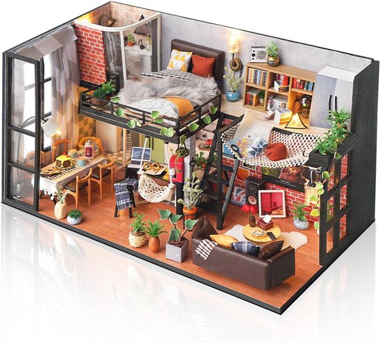 CUTEROOM Doe-het-zelf miniatuurhuisset - Klein huis voor volwassenen - Houten poppenhuis met meubels en led-verjaardagscadeaus voor volwassenen (Holo Magic City