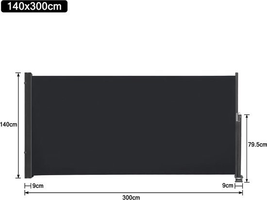 Zijmarkies van 140x300cm in antracietgrijs, met afmetingen aangegeven.
