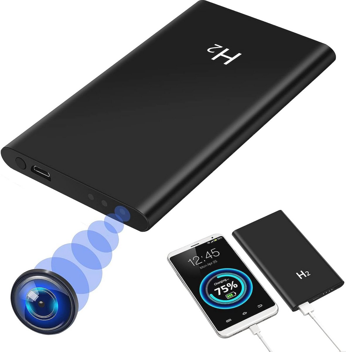Verborgen spionagecamera met powerbank - 2-in-1 mini-camera met HD 1080p, nachtzicht en loop-opname