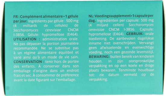 Zijkant van verpakking met informatie in het Frans en Nederlands over de "Imutis Cerevisia" capsules.
