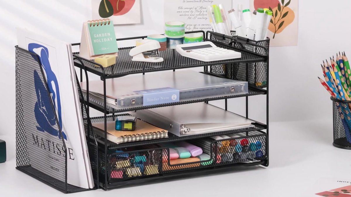 Bureau-organizer met lade voor A4-papier en potloden, bureaulade, professionele opslag, documenten, efficiënte ruimte en classificatie, functioneel design voor kantoor