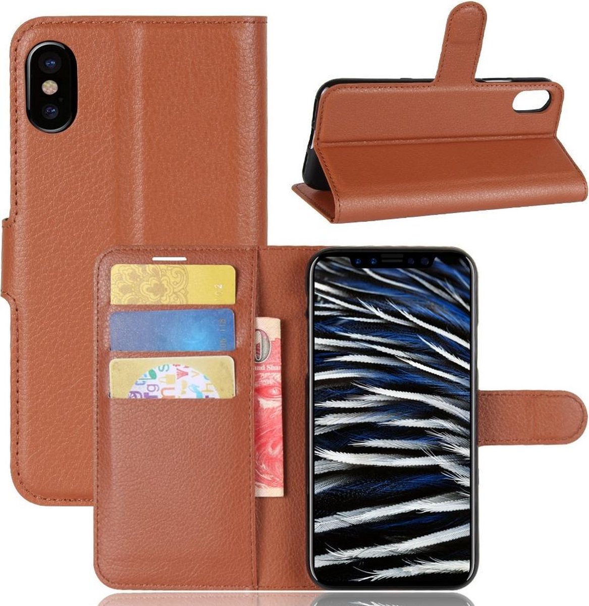 Hoesje voor Apple IPhone X en iPhone XS, 3-in-1 bookcase, bruin