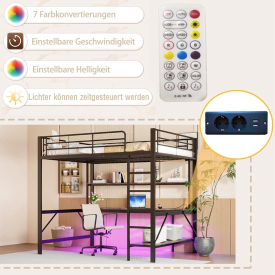Lit mezzanine - 140x200 cm - escabeau - avec USB et prise - avec éclairage LED- bureau - sans matelas - noir