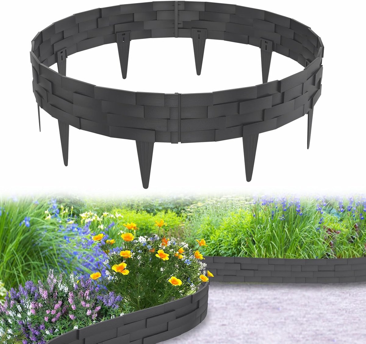 Aufun 10M Gazonrand Borderrand Stenen Baksteen Simulatie Stijl Bedrand Kunststof Met 5 Elementen Van Elk 100 Cm, Stenen Baksteen Look Design Tuinbedrand Buigbaar Maairand Flexibel, Antraciet