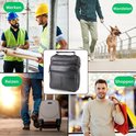 Collage: man met tas op werk, wandelen, reizen, shoppen.