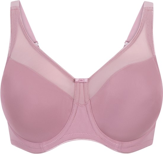 Soutien-gorge minimiseur rose à armatures avec bonnet supérieur en mesh et nœud.