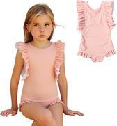 Joya Kids® Badpak Korte Mouw Licht Roze met Ruches Meisjes | Zwempak met ruches Pof Mouwen | Zwempak Lage Rug Kind Oudroze | Meisje Bikini Zomer | Kinderbadpak Peuter | Maat XXXL | 5-6 jaar