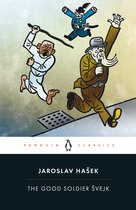 Vrolijke cover van "The Good Soldier Švejk" met drie cartoonachtige mannen in beweging, met Penguin Classics logo.