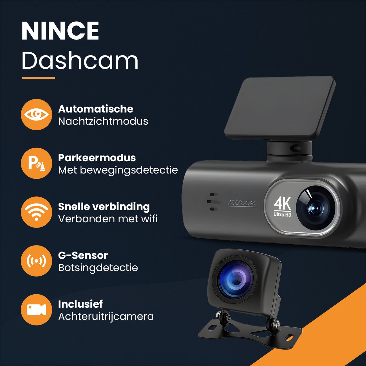 Nince Dashcam Voor Auto van Hoge Kwaliteit - Dashcam Full HD 1080P - Voor en Achter – foto 2