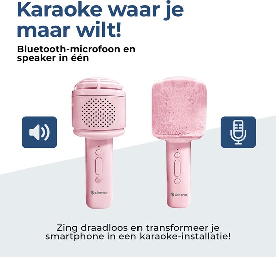 Denver Karaoke Microfoon Bluetooth – Draadloos – Speaker met Fluffy Afwerking – Karaoke Set – AUX - MicroSD – KMS30RO — afbeelding 2