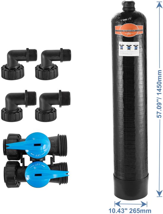 Zwarte cilinder met oranje etiket, met klemmen en blauwe kranen. Afmetingen 57.09" / 1450mm en 10.43" / 265mm.