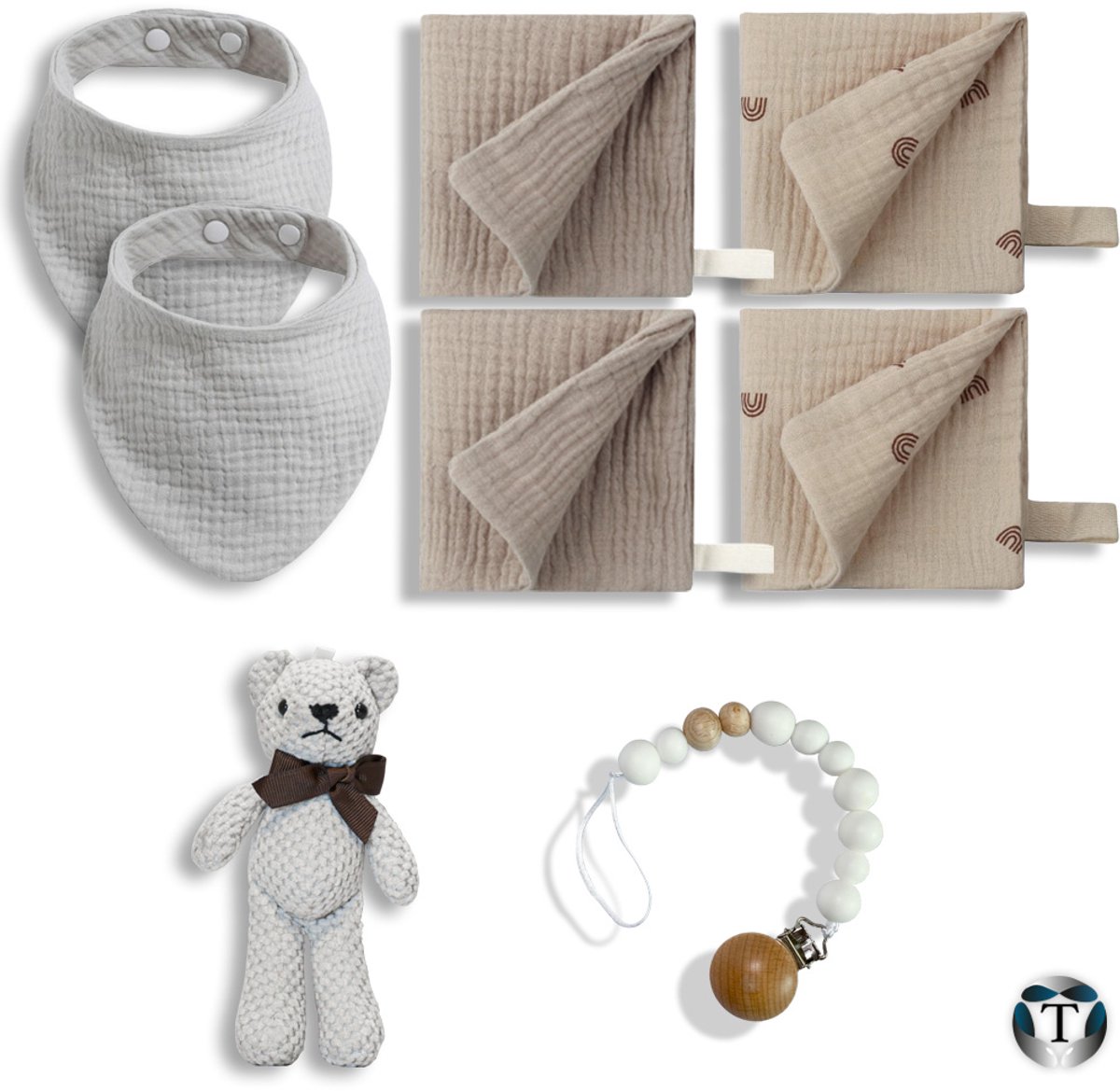 Goedkoopste Kraamcadeau | Babyshower | Cadeau Idee | Pakket | Giftbox | Babyshower Cadeau | Baby | Geboorte | Fopspeenkoord | Spuugdoekjes | Slabbetjes | Beertje | TheOldOmen |