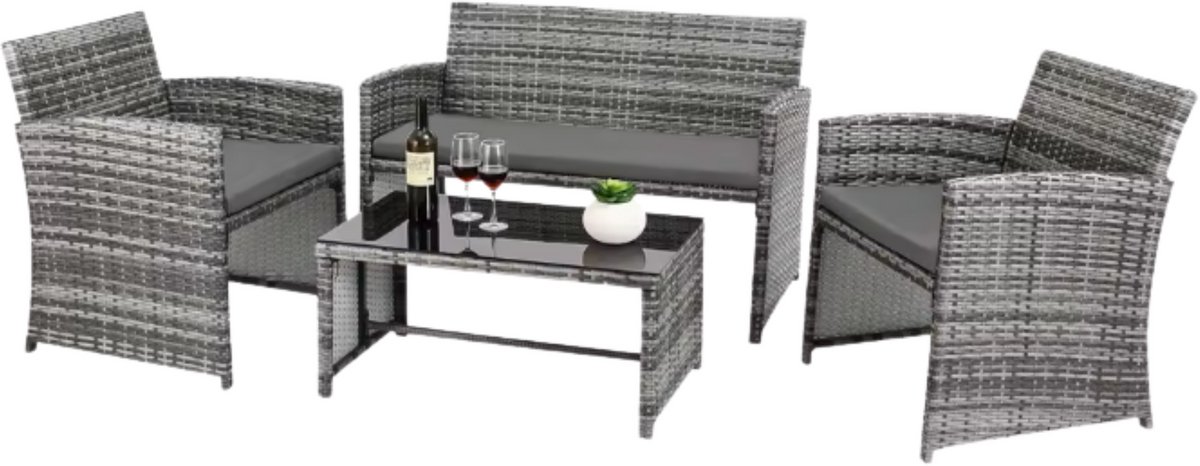 Tuinmeubelset - Buitentafel en Stoelen - 4-delige - 3-zits Bank met 1 Glazen Tafel - Terrasmeubilairset voor Buiten & Tuin