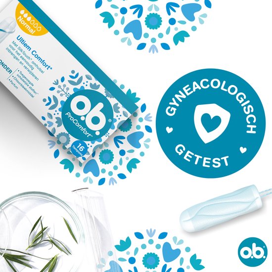 Ob ProComfort Normal tampon, gynecologisch getest. Wit met blauwe bloemen op de achtergrond. Rechtsonder een losse tampon.