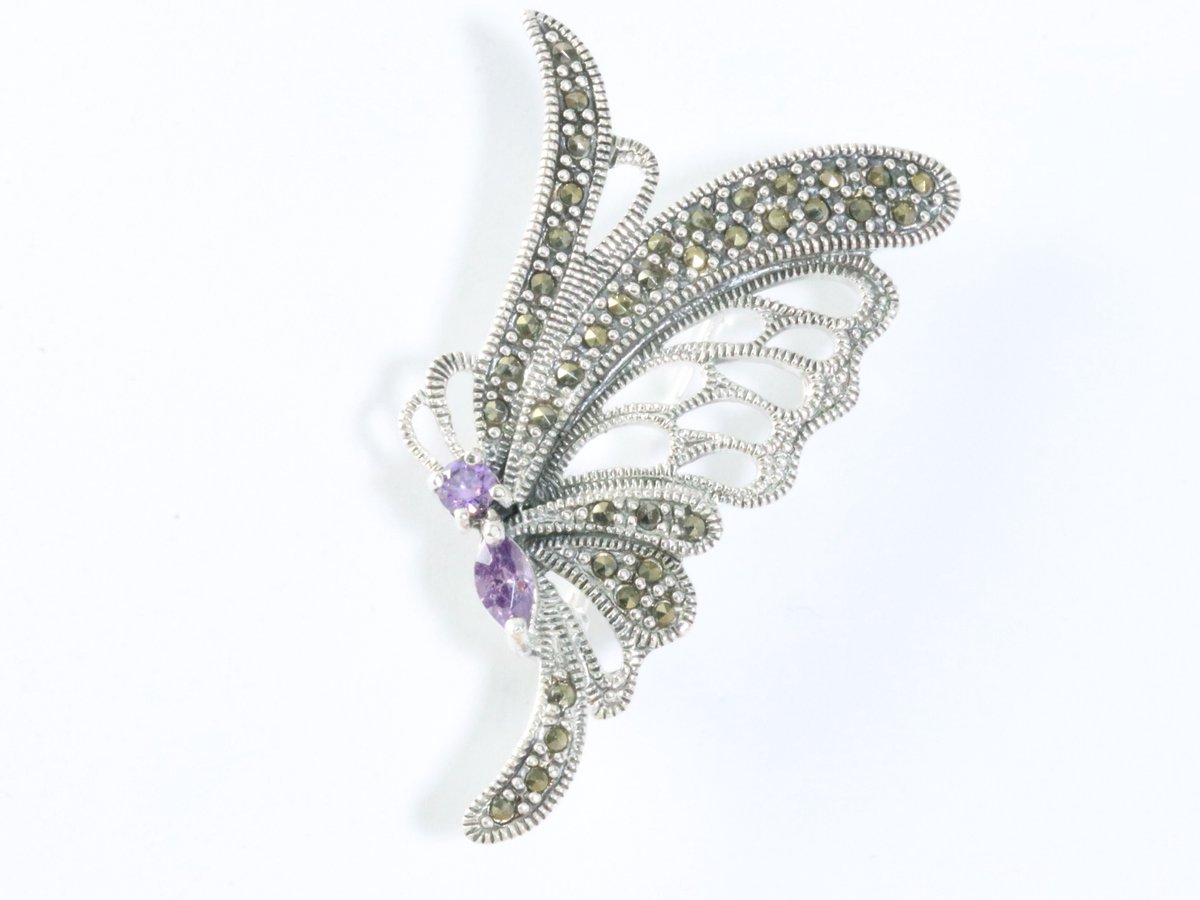 Broche Ancienne Ajourée En Argent Massif - Forme De Fleur Avec Marcassites Et Perle, Occasion