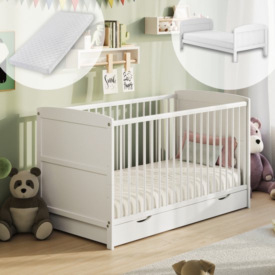 Babybed 70x140 met lade, ledikant, in hoogte verstelbare en afneembare sporten met matras | andere maten: 60x120cm | 70x140cm: vanaf de geboorte tot 6 jaar, wit