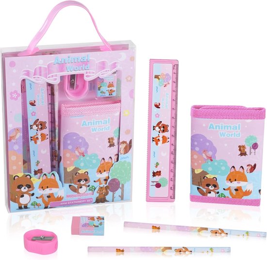 Set de Papier à lettres Famanu, Set cadeau de Papier à lettres , comprenant une trousse à crayons 2 pièces, une Règles, une Gum, un Taille-crayon et un portefeuille, ensembles de Papier à lettres pour Filles et Garçons, Set de cartable animal