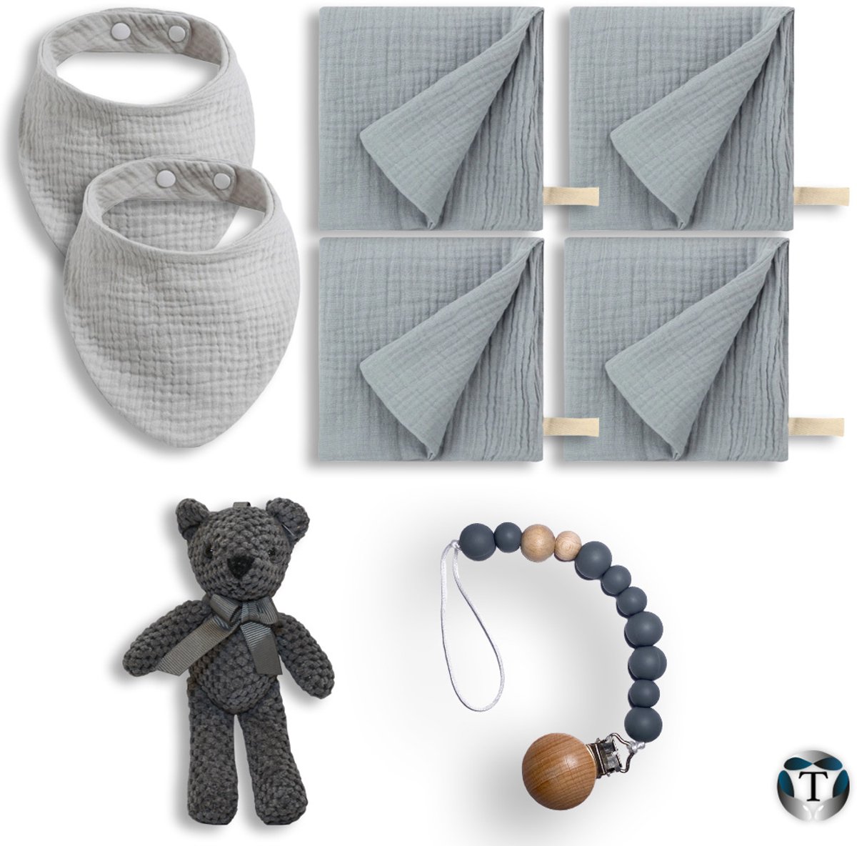 Goedkoopste Kraamcadeau | Babyshower | Cadeau Idee | Pakket | Giftbox | Babyshower Cadeau | Baby | Geboorte | Fopspeenkoord | Spuugdoekjes | Slabbetjes | Beertje | TheOldOmen |