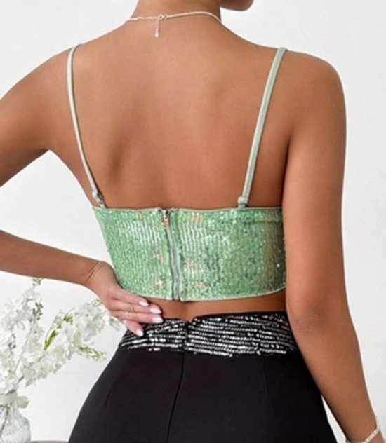 Crop top Glitter vert - T-shirt femme - Zip dos - Paillettes - Haut - Fête
