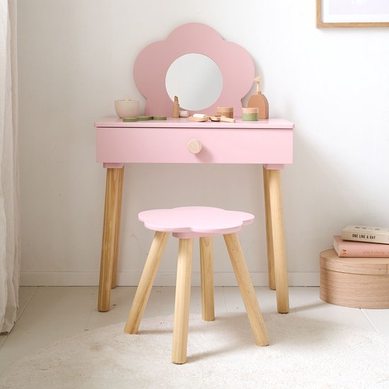 Petite Amélie Houten Kaptafel met Spiegel en Stoel - Roze - Make-up Tafel met Stoel & Spiegel - Fleur