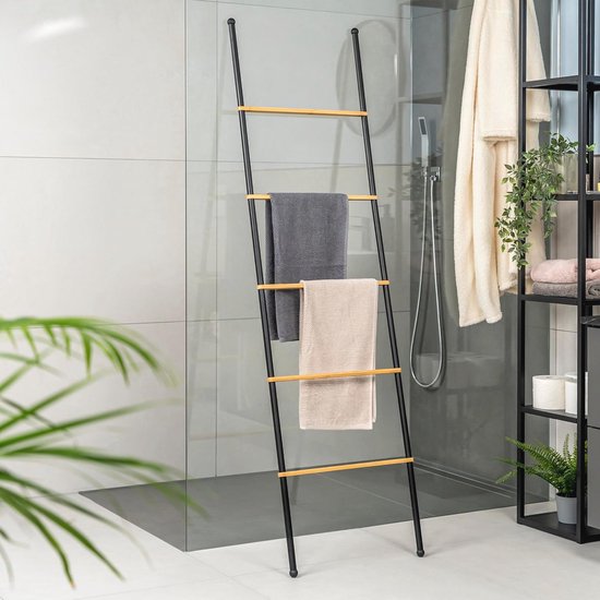 WENKO Handdoekladder Nori, bamboe, met 5 extra brede handdoekstangen, 57x170x33 cm, bruin, 57 x 170 x 33 cm