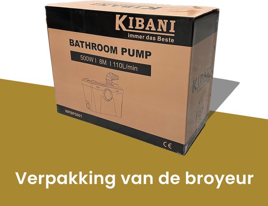 Kartonnen verpakking van de Kibani SANITAIRE POMP BROYEUR, met de tekst 'BATHROOM PUMP 500W | 8M | 110L/min' en 'Verpakking van de broyeur'.